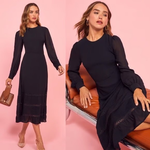 Reformation Midi Black Lace Dress Size 2 Valerie $270.00 - Picture 1 of 9